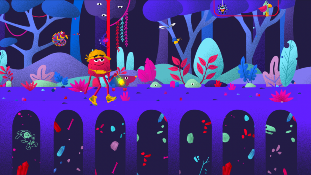 Jungle multicolore onirique où un cerveau rose lumineux éclaire les animaux, marchant au-dessus d’un sol cristallin dans un univers symbolique et fantastique.