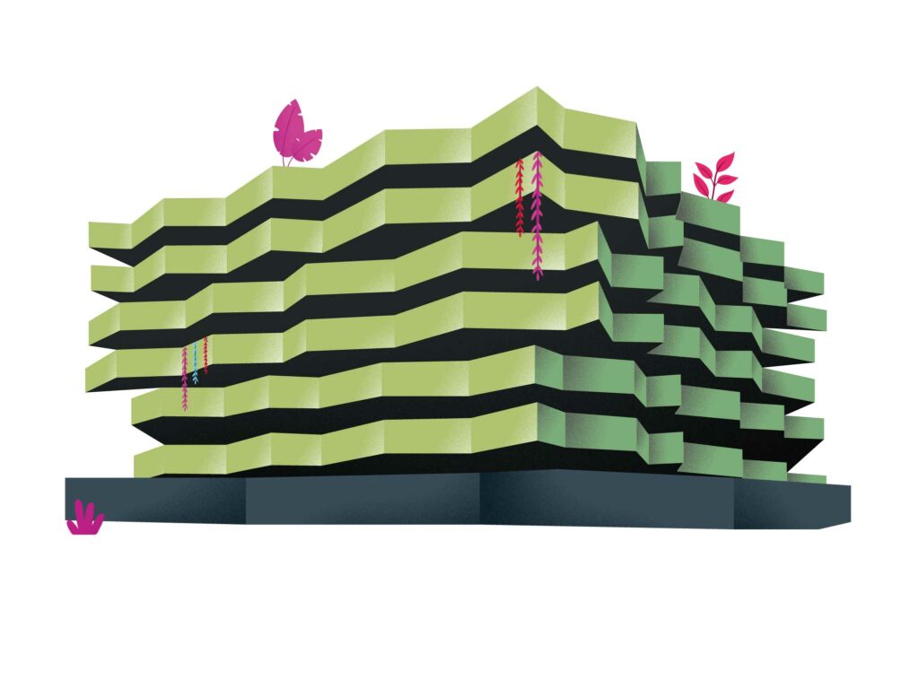 Bâtiment de Montpellier retravaillé en effet miroir sous Illustrator, créant une composition symétrique et graphique aux lignes affirmées.