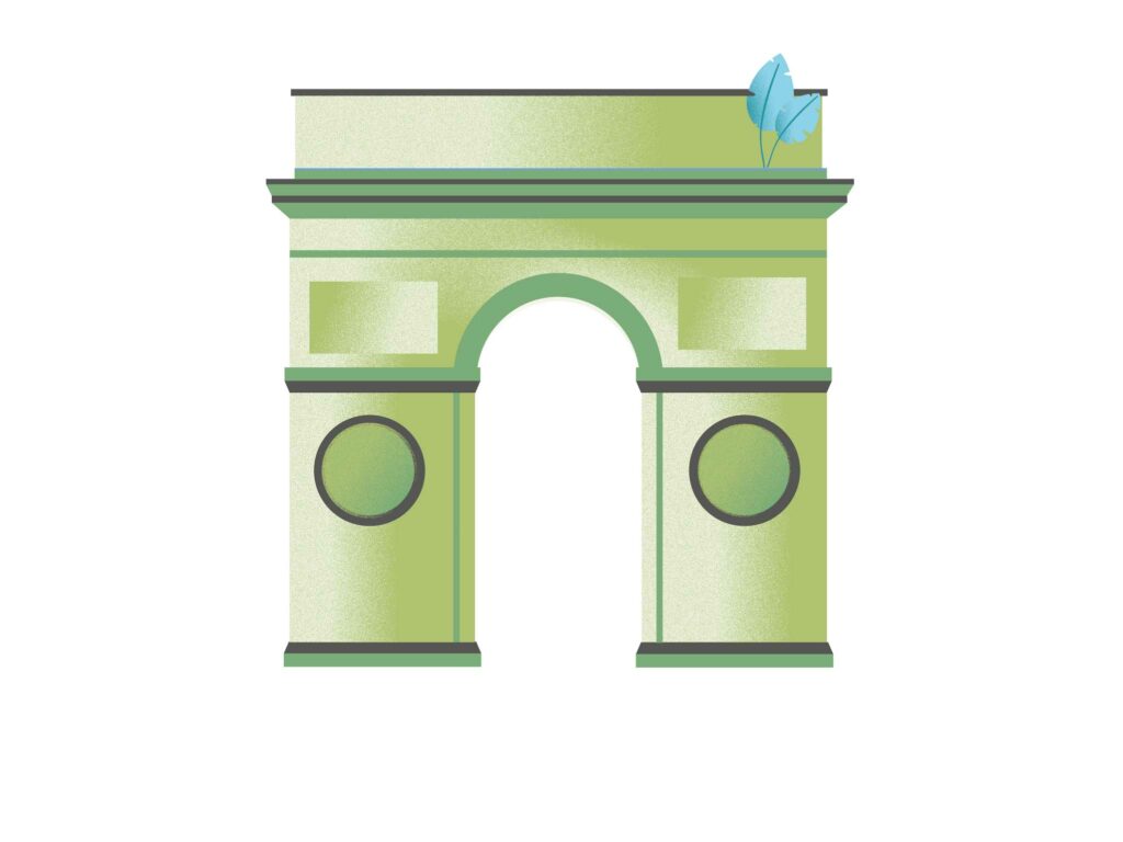 Interprétation graphique d’un Arc de Triomphe revisité en vert, proposant une vision contemporaine et minimaliste du monument.
