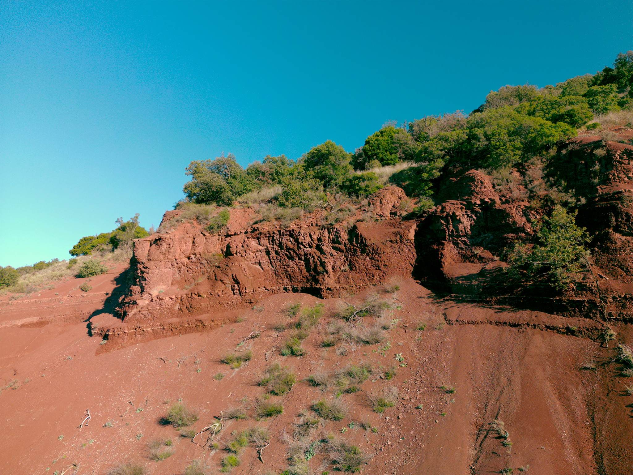 Photographie au drone du lac du Salagou montrant les falaises rouges caractéristiques, un buisson végétal et un ciel bleu lumineux.