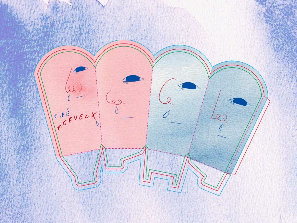 Patron de packaging pour pop-corn des 4 faces du cinéma Morveux, avec design bleu et rouge et illustrations du visage d’enfant morve au nez.