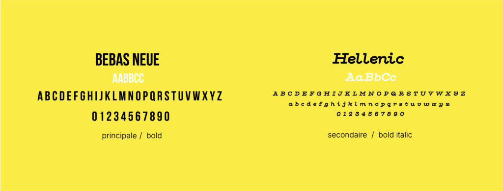 Présentation des deux typographies utilisées pour la charte graphique, en noir et blanc sur fond jaune, soulignant la cohérence et la hiérarchie visuelle du projet.