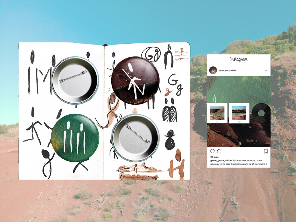 Mockup de badge merchandising du groupe GenreGenre intégré dans une mise en situation Instagram, avec arrière-plan photo du lac du Salagou.