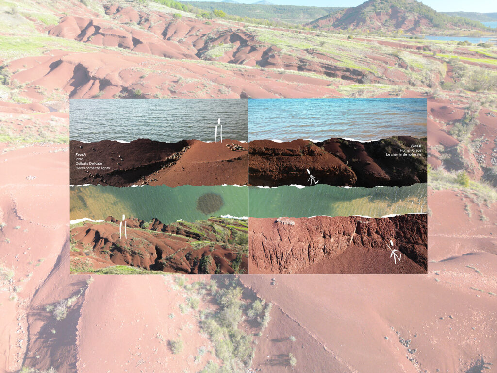 Intérieur de la double pochette de l’album vinyle du groupe Genre Genre ouvert devant le lac du Salagou dans l’Hérault