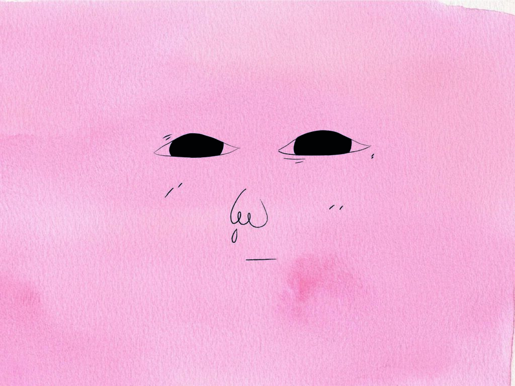 Dessin d’un visage d’enfant avec morve au nez, réalisé en noir sur un fond aquarelle rose pâle.