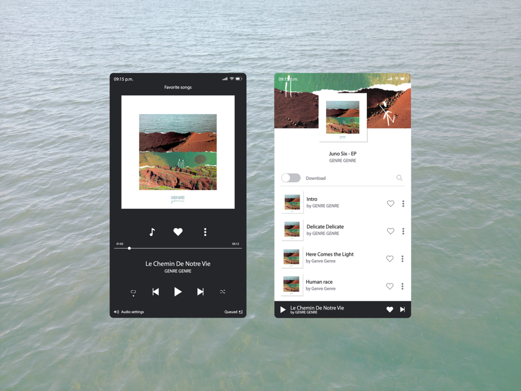 Mockup d’application mobile présentant la couverture d’un album et sa vignette Spotify dans une interface de plateforme de streaming musical.