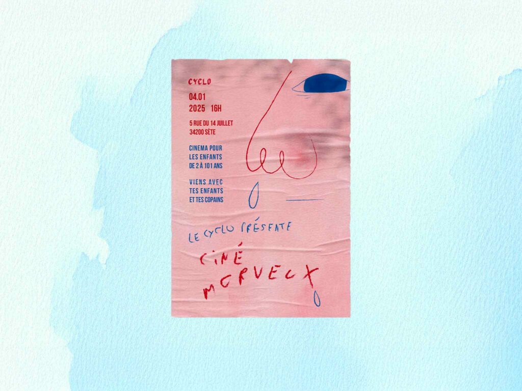 Affiche d’information pour le cinéma Morveux, avec visage d’enfant morve au nez et texte événementiel sur fond aquarelle bleu et rouge.